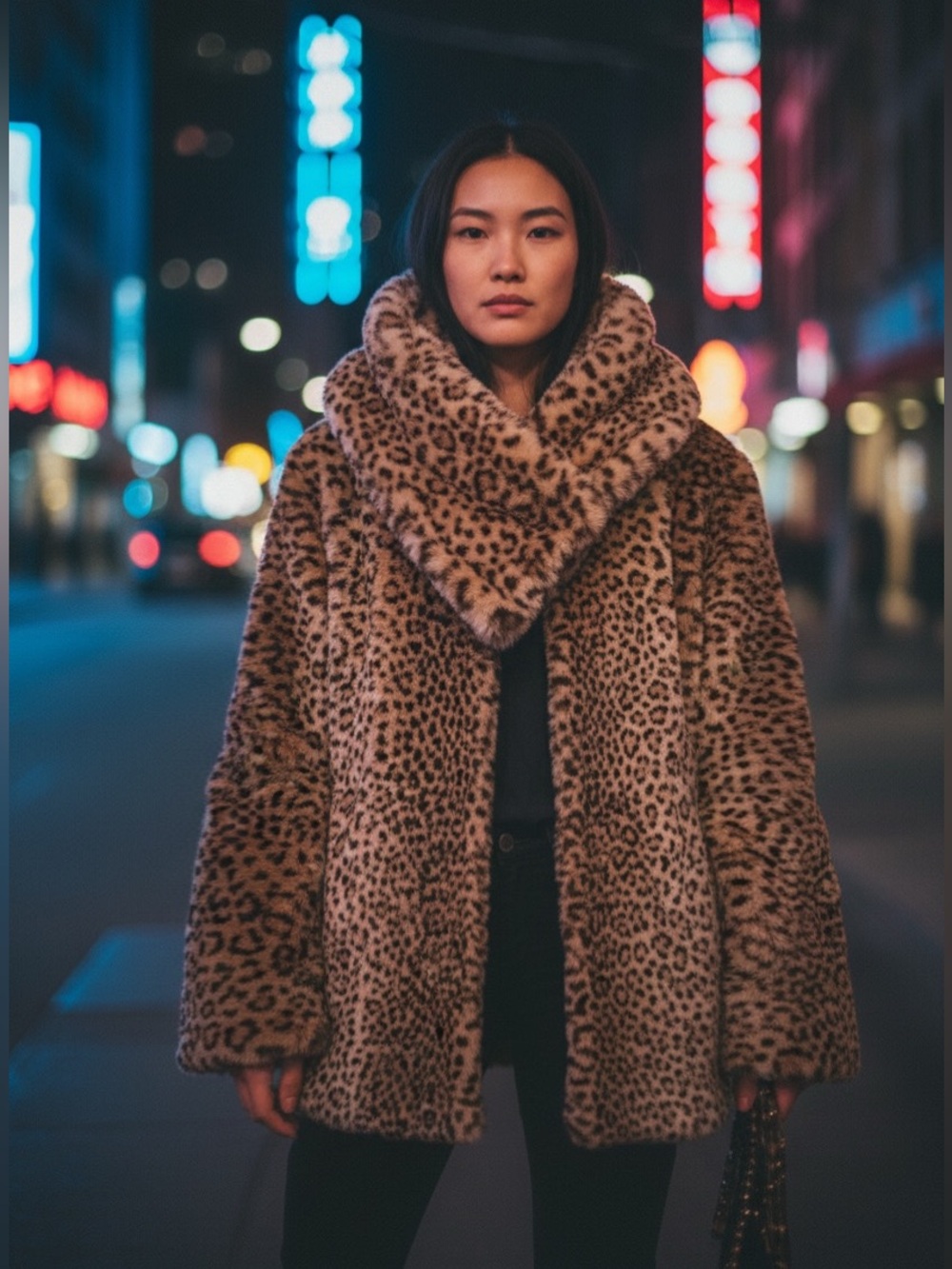 Atelier-Crafted Faux Fur Leopard Coat Medium Shawl Collar Luxe